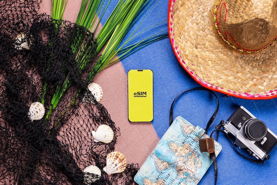 A hat, camera, cell phone, and other items are laid out on a