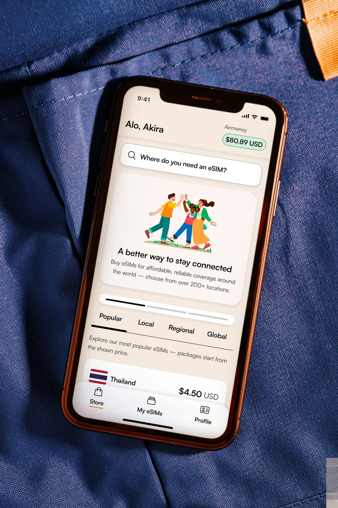 Smartphone displaying esim app with travel deals