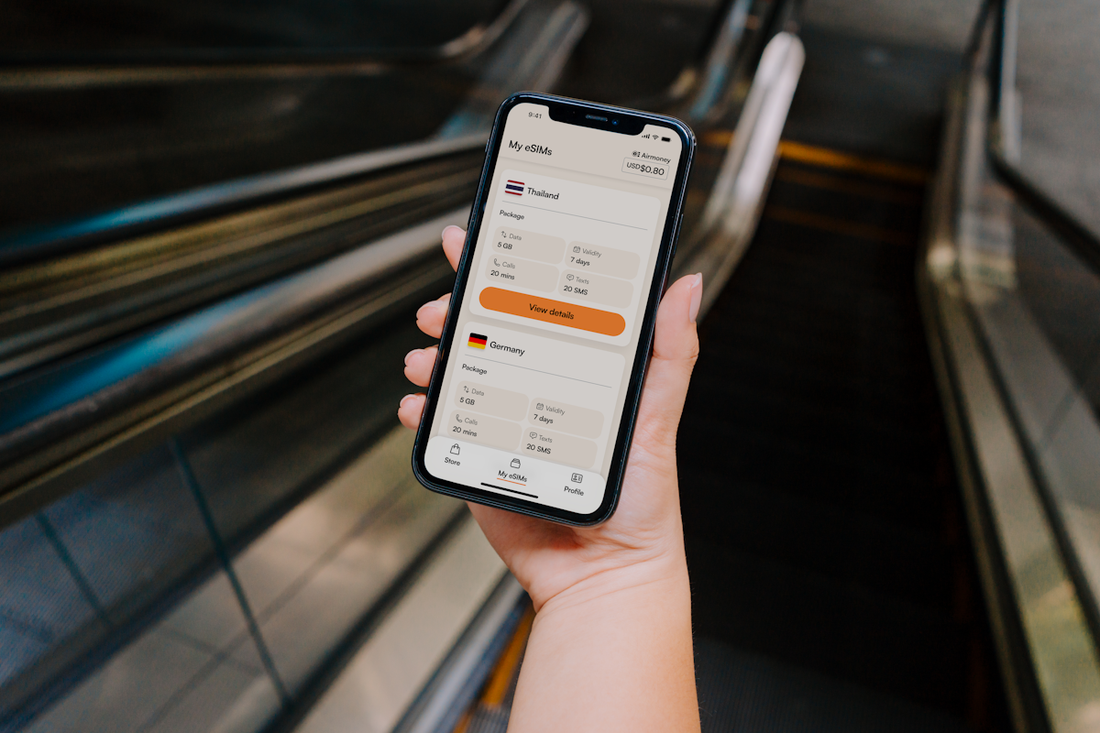 Person holding smartphone with currency exchange app open