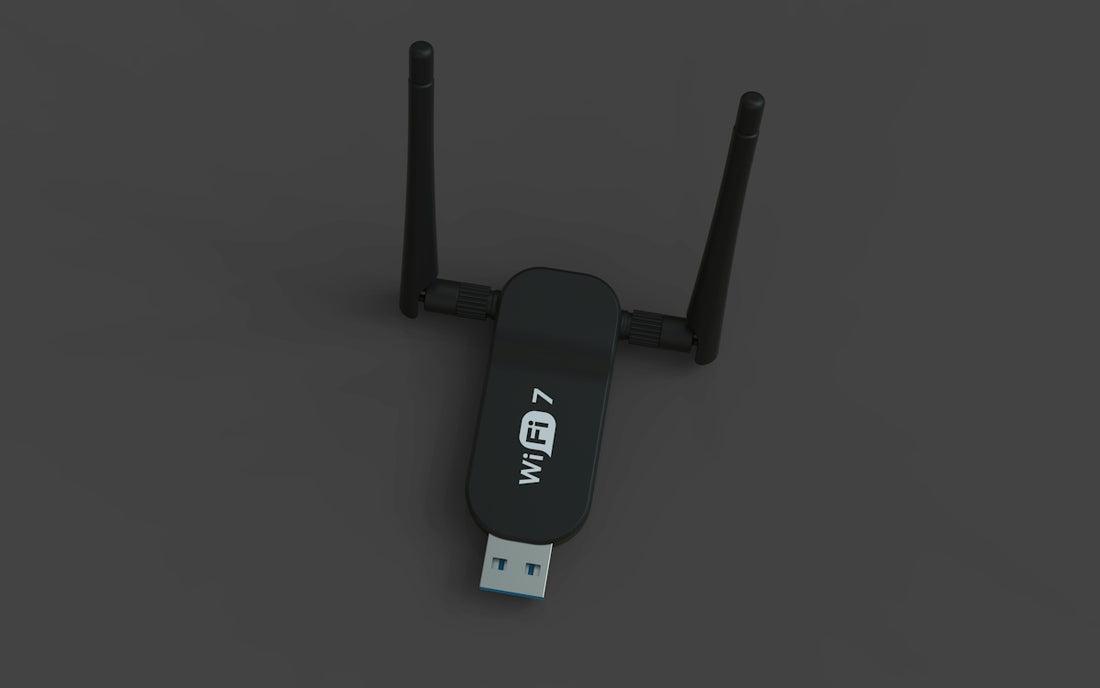A black usb wifi 7 adapter with two antennas